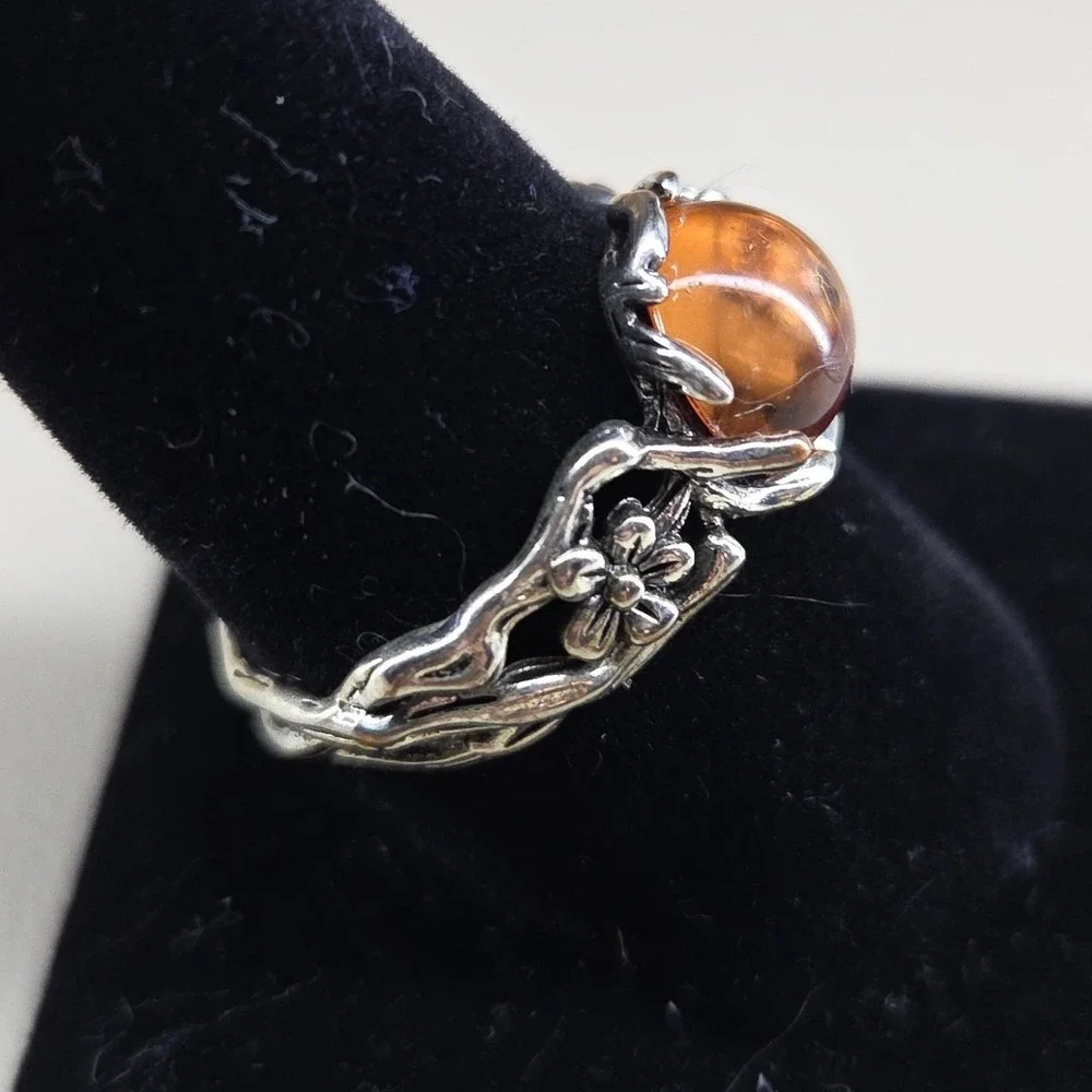 Boho Silver Tone Amber Cabochon Flower Branch Textured Statement Ring Size 10.25